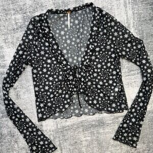 Free People Top Womens XS Black Stars Marne Cropped Sheer Mesh Celestial  Whimsy